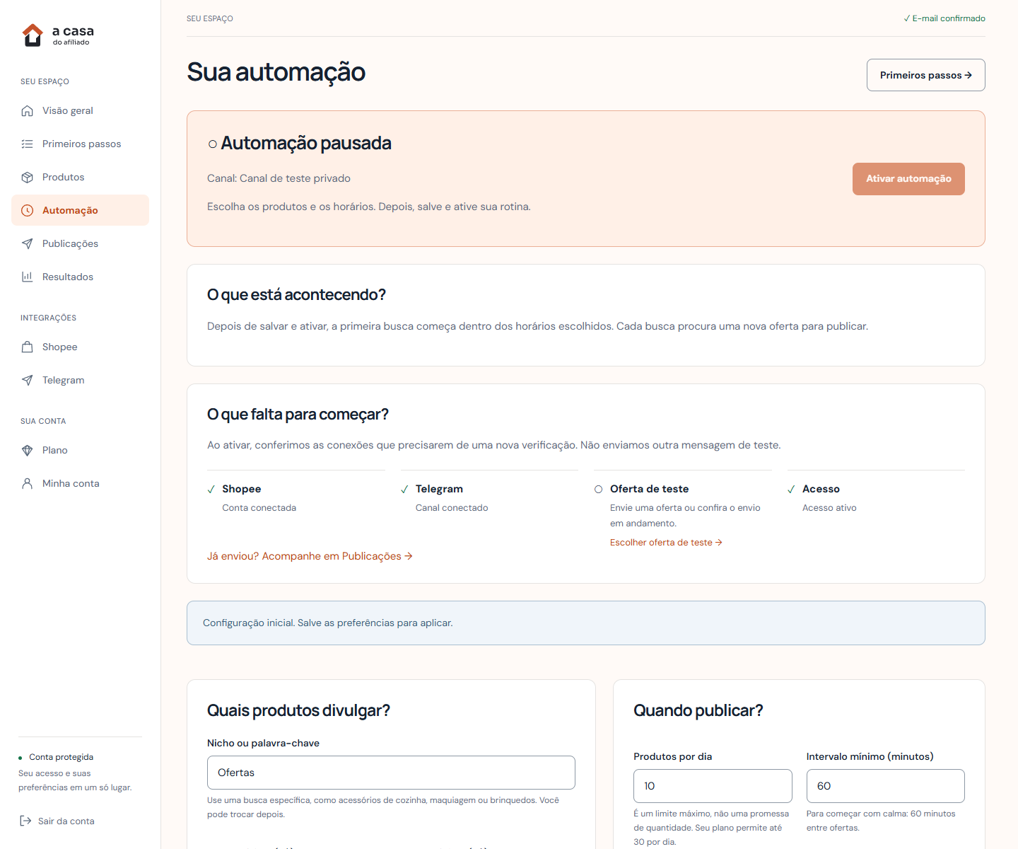 Tela de automação com requisitos de conexão, filtros de produtos e configuração dos horários de publicação.